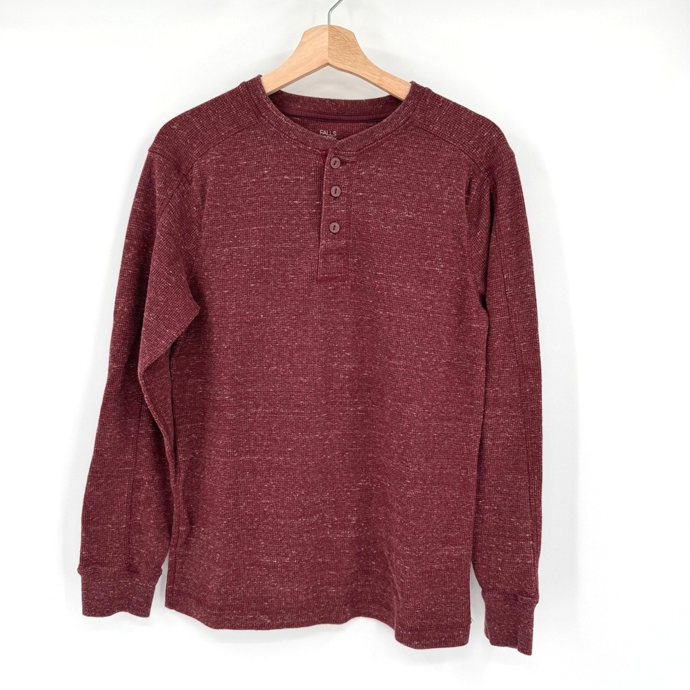 Falls Creek Mens Burgundy Heather Waffle Knit Long Sleeve Henley Shirt Medium